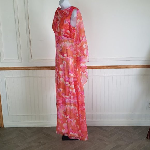 SOLD Vtg 60s Maxi Dress Women's Size 12 Watercolor Floral Pink Orange Capelet - Picture 3 of 13